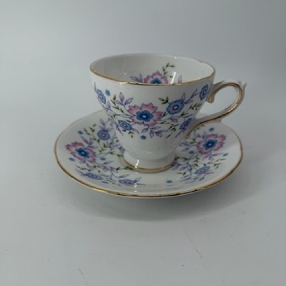 Avon Blue Blossoms Tea Cup and Saucer Set Fine Bone China England 1974 Vintage